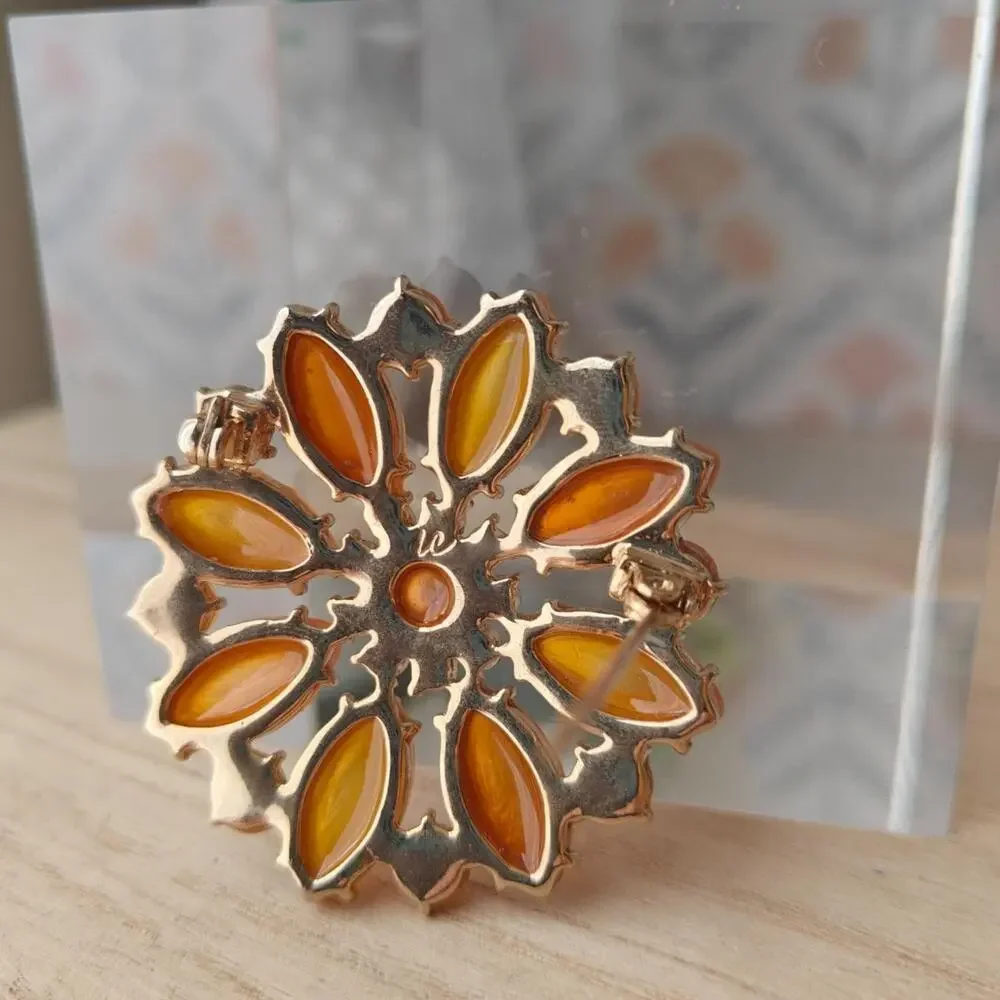 Liz Claiborne signed orange and pink floral glass brooch